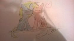 Size: 2592x1456 | Tagged: safe, artist:fifthcru5ader, imported from derpibooru, oc, oc only, oc:cocoa bean, oc:fifthcru5ader, alicorn, pony, alicorn oc, female, glasses, heart, kissing, lesbian, oc x oc, shipping, traditional art