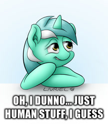 Size: 600x691 | Tagged: safe, artist:livriel, imported from derpibooru, lyra heartstrings, human, fanfic:anthropology, humie, meme, whatcha thinkin bout?