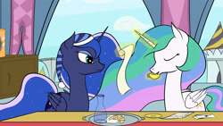 Size: 3264x1836 | Tagged: safe, artist:cloudyskieswrites, imported from derpibooru, princess celestia, princess luna, croissant, hat, magic, nightcap, tea, telekinesis