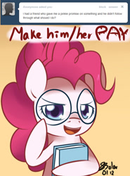 Size: 600x811 | Tagged: safe, artist:solar-slash, imported from derpibooru, pinkie pie, ask pinkie pie solutions, ask, book, female, solo, tumblr