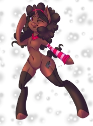 Size: 2728x3680 | Tagged: safe, artist:php154, artist:trojan-pony, imported from derpibooru, oc, oc only, semi-anthro, bipedal, clothes, collar, featureless crotch, sock, solo, stockings, wink