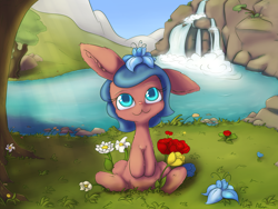 Size: 2400x1800 | Tagged: safe, artist:alasou, imported from derpibooru, oc, oc only, oc:skye, rabbit, flower, poison joke, solo, species swap, waterfall