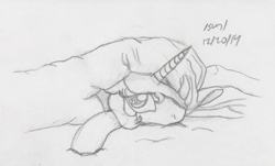 Size: 881x532 | Tagged: safe, artist:slash-sun-slash, imported from derpibooru, princess celestia, bed, blanket, celestiadoodle, cute, cutelestia, female, looking at you, monochrome, solo, traditional art