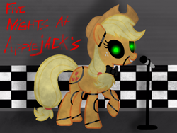 Size: 2048x1536 | Tagged: safe, artist:birdivizer, imported from derpibooru, applejack, pony, robot, robot pony, five nights at aj's, animatronic, applefreddy, female, five nights at freddy's, glowing eyes, solo