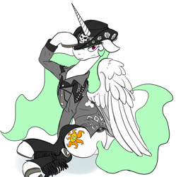 Size: 598x601 | Tagged: safe, artist:an everfree rat, imported from derpibooru, princess celestia, bedroom eyes, chaps, clothes, eyeshadow, female, floppy ears, hat, horseshoes, jacket, looking at you, makeup, metalestia, scene kid, solo, southern metal