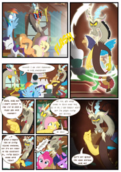 Size: 3500x4951 | Tagged: safe, artist:light262, artist:lummh, imported from derpibooru, applejack, discord, fluttershy, pinkie pie, rainbow dash, rarity, twilight sparkle, alicorn, pony, comic:timey wimey, comic, female, mane six, mare, self ponidox, sunglasses, twilight sparkle (alicorn)