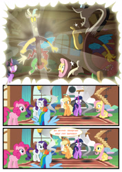 Size: 3500x4951 | Tagged: safe, artist:light262, artist:lummh, imported from derpibooru, applejack, discord, fluttershy, pinkie pie, rainbow dash, rarity, twilight sparkle, alicorn, pony, comic:timey wimey, comic, female, mane six, mare, self ponidox, twilight sparkle (alicorn)