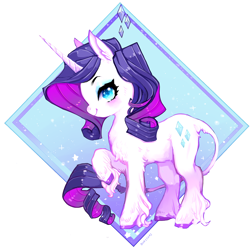 Size: 1200x1200 | Tagged: safe, artist:costly, imported from derpibooru, rarity, classical unicorn, pony, unicorn, abstract background, chest fluff, colored hooves, cute, female, leg fluff, leonine tail, mare, profile, raised hoof, raribetes, solo, unshorn fetlocks