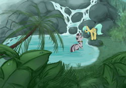 Size: 1920x1350 | Tagged: safe, artist:scootiebloom, imported from derpibooru, sunshower raindrops, zebra, forest, jungle, pond, scenery, waterfall