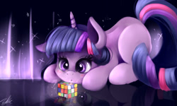 Size: 500x300 | Tagged: safe, artist:moeru789, imported from derpibooru, twilight sparkle, unicorn, cute, female, hilarious in hindsight, rubik's cube, solo, sparkly, unicorn twilight