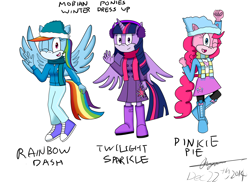 Size: 2338x1700 | Tagged: safe, artist:infinityr319, imported from derpibooru, pinkie pie, rainbow dash, twilight sparkle, anthro, plantigrade anthro, clothes, earmuffs, equestria girls outfit, scarf, sonic the hedgehog (series), sonicified, style emulation, trenchcoat, twilight sparkle (alicorn), winter outfit