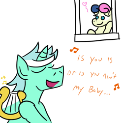 Size: 800x800 | Tagged: safe, artist:jargon scott, imported from derpibooru, bon bon, lyra heartstrings, sweetie drops, female, guyra, guyrabon, half r63 shipping, is you is or is you ain't my baby, louis jordan, lyrabon, male, puss gets the boot, rule 63, shipping, solid serenade, straight, tom and jerry