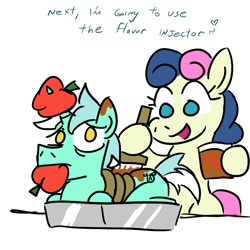 Size: 800x800 | Tagged: safe, artist:jargon scott, imported from derpibooru, bon bon, lyra heartstrings, sweetie drops, pony, unicorn, apple, apple gag, dialogue, female, food, food fetish, gag, guyra, harpsy, imminent vore, implied cannibalism, kinky, mare, person as food, pony as food, rule 63