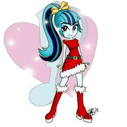 Size: 1280x1280 | Tagged: safe, artist:xxxsketchbookxxx, imported from derpibooru, sonata dusk, equestria girls, bow, christmas, clothes, cute, cutie mark, female, grin, looking at you, santa costume, simple background, smiling, solo, transparent background