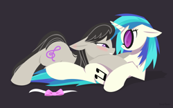 Size: 1280x800 | Tagged: safe, artist:hoverrover, imported from derpibooru, dj pon-3, octavia melody, vinyl scratch, earth pony, pony, unicorn, bedroom eyes, blushing, bowtie, clothes on floor, cuddling, cutie mark, ear blush, eye contact, female, floppy ears, grin, hooves, horn, lesbian, lineless, looking at each other, lying down, male, mare, on back, scratchtavia, shipping, simple background, smiling, snuggling, sunglasses, teeth, wide eyes