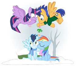 Size: 1060x920 | Tagged: safe, artist:dm29, imported from derpibooru, flash sentry, rainbow dash, soarin', twilight sparkle, alicorn, pony, blushing, clothes, female, flying, kissing, male, mare, mistletoe, scarf, shipper on deck, shipping, simple background, smiling, snow, soarindash, straight, transparent background, twilight sparkle (alicorn), winter