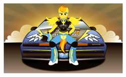 Size: 5675x3494 | Tagged: safe, artist:skeletal-k9, imported from derpibooru, spitfire, anthro, pegasus, absurd resolution, belly button, boots, choker, clothes, earring, firebird, helmet, high heel boots, knee pads, knee-high boots, lips, pontiac, pontiac firebird, smiling, wonderbolts, wonderbolts uniform