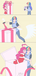 Size: 1280x2658 | Tagged: safe, artist:jonfawkes, imported from derpibooru, pinkie pie, rainbow dash, human, 30 minute art challenge, blushing, christmas, comic, female, hug, humanized, lesbian, pinkiedash, present, shipping, wing ears