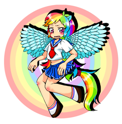 Size: 667x681 | Tagged: safe, artist:sea contact, imported from derpibooru, rainbow dash, human, belly button, clothes, eared humanization, female, humanized, midriff, pixiv, school uniform, skirt, solo, tailed humanization, winged humanization