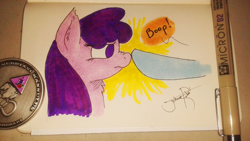 Size: 2560x1440 | Tagged: safe, artist:jorobro, imported from derpibooru, berry punch, berryshine, pony, boop, fluffy, frown, nose wrinkle, traditional art, unamused