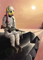 Size: 4000x5500 | Tagged: safe, artist:misterjuly, imported from derpibooru, fluttershy, anthro, unguligrade anthro, clothes, female, frown, glare, gun, machine gun, military, sitting, solo, sun, tank (vehicle), trigger discipline, uniform, weapon, winter