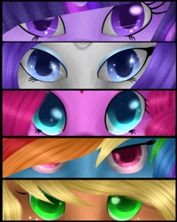 Size: 799x1000 | Tagged: safe, artist:iceyxarados, imported from derpibooru, applejack, pinkie pie, rainbow dash, rarity, twilight sparkle, close-up, eyes, hair over one eye, looking at you, persona eyes, sparkles