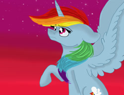 Size: 956x737 | Tagged: safe, artist:animalpainter, deleted from derpibooru, imported from derpibooru, rainbow dash, alicorn, pony, floppy ears, frown, looking up, race swap, rainbowcorn, raised hoof, solo, spread wings