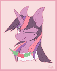 Size: 629x782 | Tagged: safe, artist:snowsky-s, imported from derpibooru, twilight sparkle, cheek fluff, chest fluff, cute, ear fluff, eye clipping through hair, female, portrait, signature, solo, twiabetes, wink