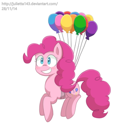 Size: 1000x1000 | Tagged: dead source, safe, artist:jayivee, imported from derpibooru, pinkie pie, earth pony, pony, balloon, cute, diapinkes, female, mare, simple background, smiling, solo, then watch her balloons lift her up to the sky, white background