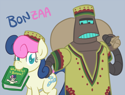 Size: 650x494 | Tagged: safe, artist:atlur, deleted from derpibooru, imported from derpibooru, bon bon, sweetie drops, robot, bonafied, bonpun, book, crossover, futurama, hat, kwanzaa, kwanzaa-bot, mouth hold