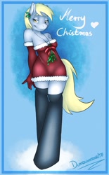 Size: 704x1133 | Tagged: safe, artist:dunnowhattowrite, imported from derpibooru, derpy hooves, anthro, christmas, clothes, dress, gloves, stockings