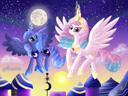 Size: 1000x750 | Tagged: safe, artist:anna-krylova, imported from derpibooru, princess celestia, princess luna, flying, magic, moon, s1 luna, sun