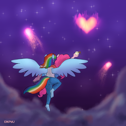 Size: 1000x1000 | Tagged: safe, artist:empyu, imported from derpibooru, pinkie pie, rainbow dash, anthro, plantigrade anthro, 45 minute art challenge, barefoot, feet, female, hearth's warming eve, lesbian, night, pinkiedash, shipping