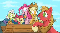 Size: 1280x720 | Tagged: safe, artist:gjkou, imported from derpibooru, apple bloom, applejack, big macintosh, granny smith, pinkie pie, earth pony, pony, pinkie apple pie, cart, cute, eye contact, female, filly, happy, hug, looking at each other, looking up, male, mare, no pupils, open mouth, scene interpretation, smiling, stallion