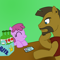 Size: 1000x1000 | Tagged: safe, artist:madmax, imported from derpibooru, berry punch, berryshine, oc, alcohol, beard, beer, eyes closed, fake id, female, filly, frown, grin, hello, id card, nice try, open mouth, seems legit, smiling, thinking, underaged drinking, younger