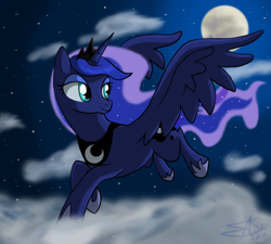 Size: 1000x900 | Tagged: safe, artist:gjkou, imported from derpibooru, princess luna, cloud, cloudy, female, flying, moon, night, smiling, solo