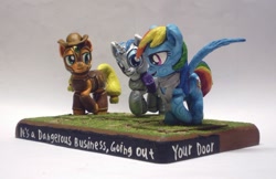 Size: 934x607 | Tagged: safe, artist:ubrosis, imported from derpibooru, applejack, rainbow dash, rarity, earth pony, pegasus, pony, unicorn, fanfic:it's a dangerous business going out your door, armor, craft, fanfic art, female, figure, figurine, gaming miniature, leather armor, mare, miniature, raised hoof, sculpture, smiling, tattoo, trio, walking