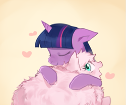 Size: 555x466 | Tagged: safe, artist:baekgup, imported from derpibooru, twilight sparkle, oc, oc:fluffle puff, floppy ears, gasp, heart, hug