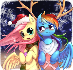 Size: 834x800 | Tagged: safe, artist:aymint, imported from derpibooru, fluttershy, rainbow dash, pegasus, pony, antlers, blushing, clothes, ear fluff, female, flutterdash, hat, lesbian, looking at you, mare, open mouth, present, santa hat, scarf, shipping, spread wings, tsunderainbow, tsundere, winter