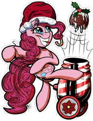 Size: 2654x3457 | Tagged: safe, artist:gray--day, imported from derpibooru, pinkie pie, cake, christmas pudding, female, hat, party cannon, santa hat, solo, tongue out