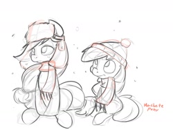 Size: 1280x960 | Tagged: safe, artist:macheteponies, imported from derpibooru, apple bloom, applejack, clothes, duo, hat, scarf, sketch, ushanka, winter