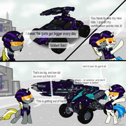 Size: 1024x1024 | Tagged: safe, artist:spazzymcnugget, imported from derpibooru, dj pon-3, vinyl scratch, oc, car, comic, crossover, joke, planetside 2, science fiction, vehicle