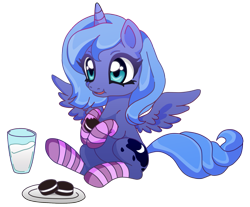 Size: 1665x1377 | Tagged: safe, artist:lunaltaria, imported from derpibooru, princess luna, pony, clothes, cookie, female, filly, milk, sitting, socks, solo, spread wings, striped socks, woona