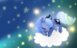 Size: 1440x900 | Tagged: safe, artist:lunaltaria, imported from derpibooru, princess luna, cloud, female, filly, prone, sleeping, solo, stars, woona