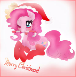 Size: 3068x3094 | Tagged: safe, artist:lunaltaria, imported from derpibooru, pinkie pie, candy cane, clothes, female, hat, mouth hold, prone, santa hat, socks, solo, wink