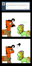 Size: 560x1125 | Tagged: safe, artist:crazynutbob, imported from derpibooru, oc, oc only, oc:flora peace, oc:tomato sandwich, business suit, flying, flying mustache, frankendoodle, moustache, reference, spongebob squarepants, stare, weird, wide eyes