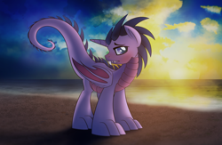 Size: 1024x668 | Tagged: safe, artist:drawponies, imported from derpibooru, twilight sparkle, alicorn, dragon, pony, beach, blushing, dragonified, species swap, sunset, twilidragon, twilight sparkle (alicorn)