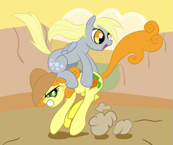 Size: 1379x1158 | Tagged: artist needed, safe, imported from derpibooru, carrot top, derpy hooves, golden harvest, pegasus, pony, carrot top is not amused, cowboy hat, derpy riding carrot top, female, hat, mare, ponies riding ponies, riding, rodeo, unamused