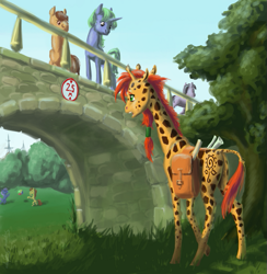 Size: 683x700 | Tagged: safe, artist:adeptus-monitus, imported from derpibooru, oc, oc only, oc:twiggy, giraffe, pony, unicorn, bridge, frown, open mouth, sad, saddle bag, street sign