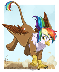 Size: 751x916 | Tagged: safe, artist:hazurasinner, imported from derpibooru, oc, oc only, oc:rainbow feather, griffon, hippogriff, cutie mark, dust, interspecies offspring, landing, magical lesbian spawn, offspring, parent:gilda, parent:rainbow dash, parents:gildash, solo